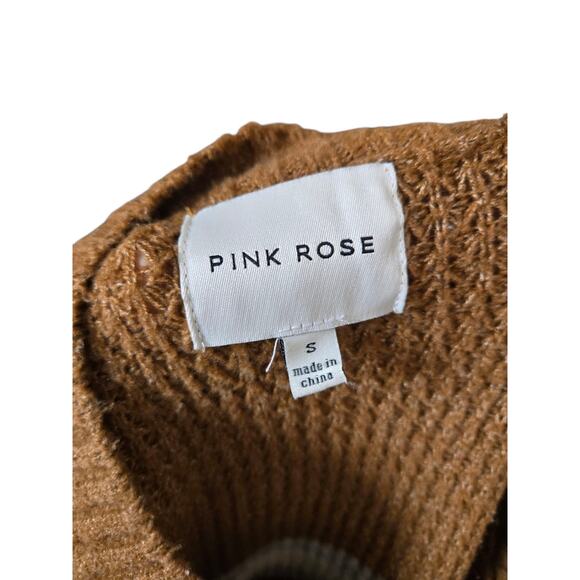 Pink rose brown and white stripes waffle knit sweater, size small - Picture 3 of 4